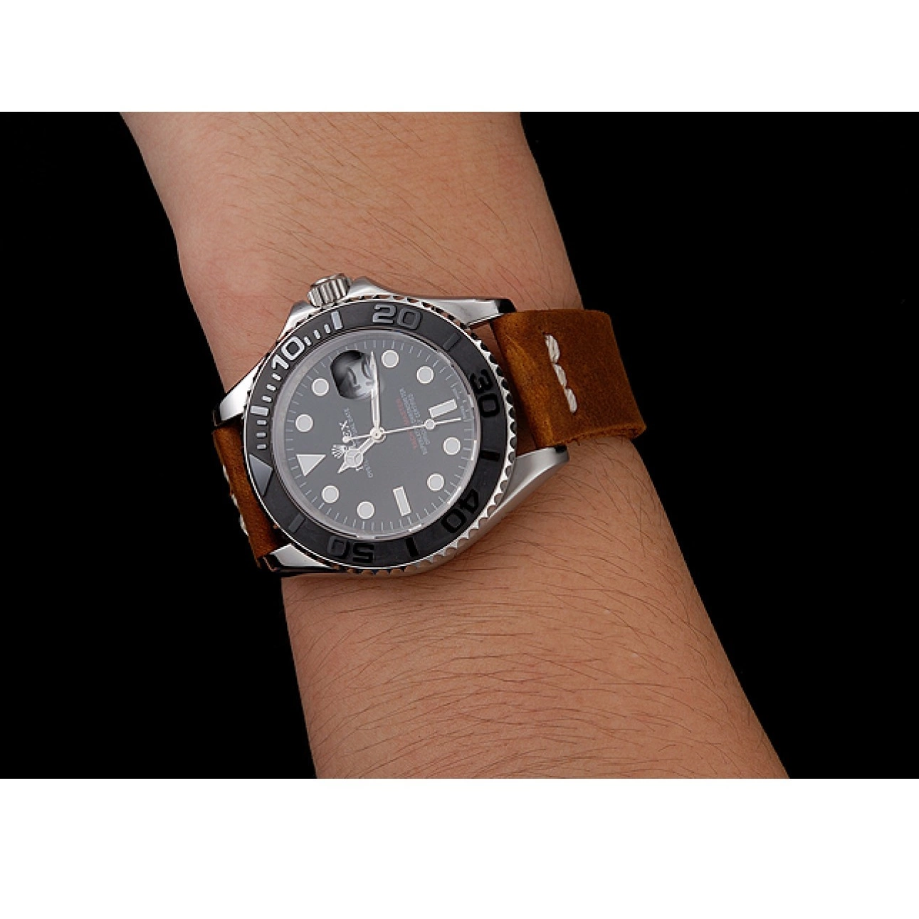 Aaa replica watch Black Dial Yacht Silver Case 1453859 Rolex Master Brown Leather Bracelet 0712